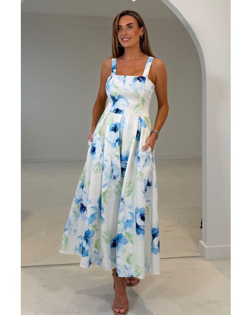Girl In Mind Blue Heather Floral Pleated Midi Dress