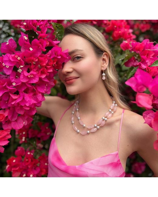 Farra Pink Rose Quartz And Gray Freshwater Pearls Earrings