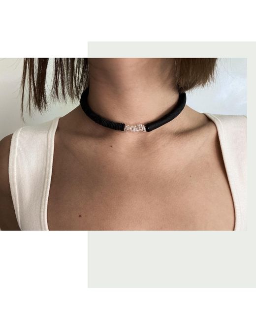 WAIWAI Black Leather Choker With Clear Quartz Crystals