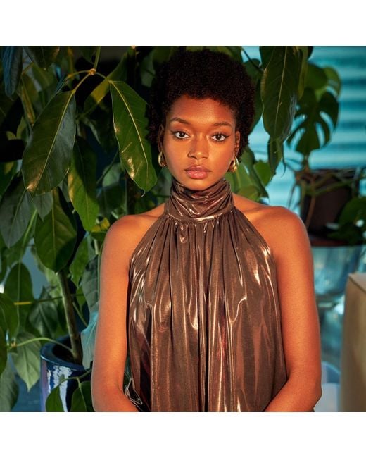 NALÈ Brown Bronze Metallic Wide Leg Halter Jumpsuit