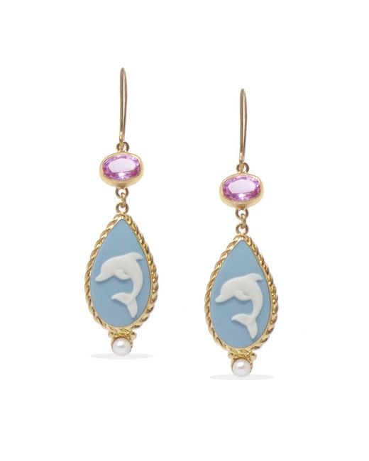 Vintouch Italy Blue Dolphins Cameo Earrings With Quartz