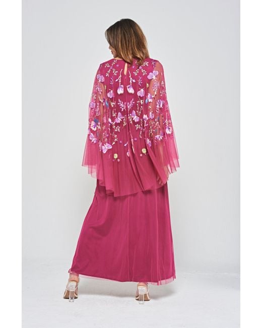 Frock and Frill Indra Floral Embroidered Maxi Dress With Cape Sleeves