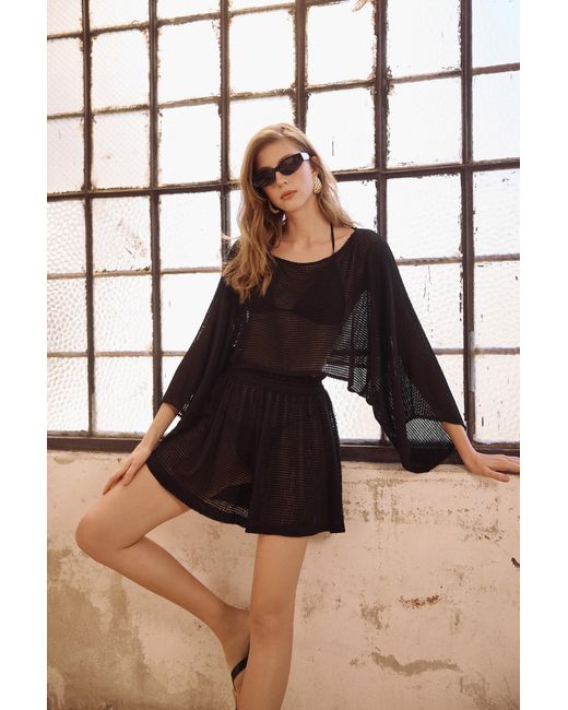 Lilamie Black Carmen Loose Fit Long Sleeve Beach Blouse