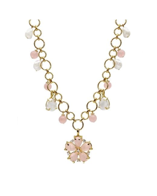 Farra Metallic Rose Quartz Flower Pendant With Pearls Chain Necklace