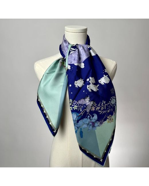 Wenzi Blue Neutrals Moonlit Menagerie Hand Painted Double Sided Silk Twill Scarf