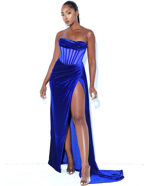 Miss Circle New York Blue Priya Royal Draping Corset High Slit Velvet Gown