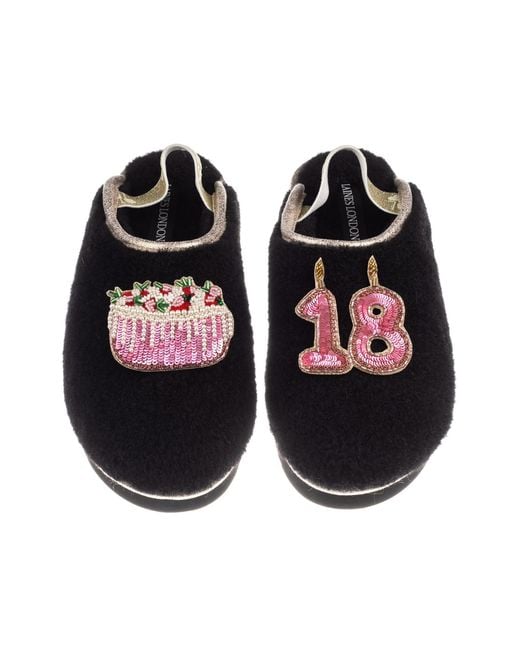 Laines London Black Flatform Cloud Closed Toe Slippers With 18Th Birthday & Cake Brooches