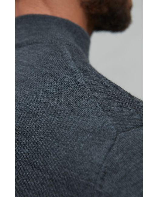 Paul James Knitwear Blue Extra Fine Merino Wool Mock Turtleneck Shaw Jumper for men