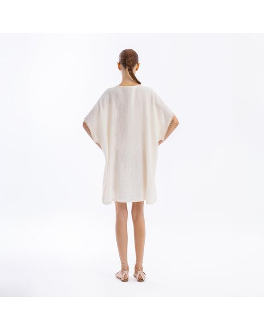 Haris Cotton Natural Loose Fit Textured Cotton Blouse With Lace Trim Ecru