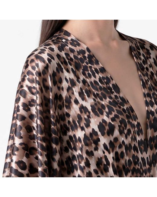 LOVEIST STORE Brown Leopard Print Silky Satin Kimono