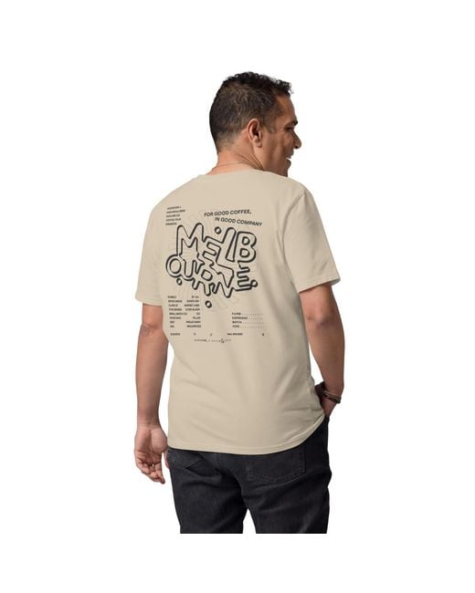 Anchor and Crew Natural Neutrals Desert Dust Gustatory Melbourne Coffee Scene Organic Cotton Embroidered T-Shirt for men