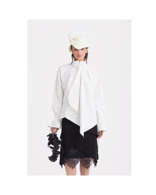 Julia Allert White High Neck Draped Cotton Blouse