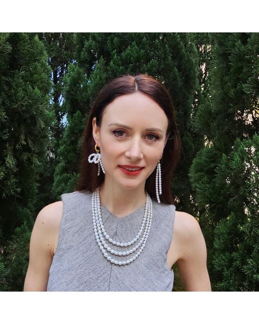 Farra White Freshwater Pearls Butterfly Knot And Tassel Asymmetric Earrings
