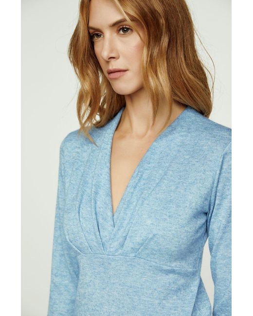 Conquista Blue Light Melange Knit V Neck Top
