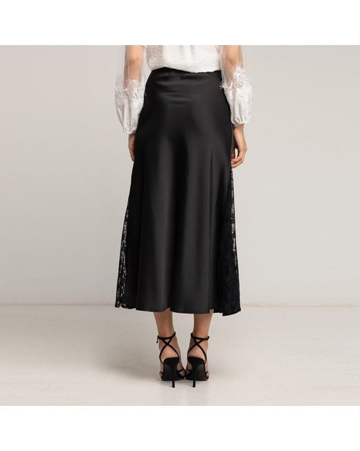 Tantra Spain Sl Black A-Line Satin Midi Skirt With Side Slits And Lace, Elastic Waistband