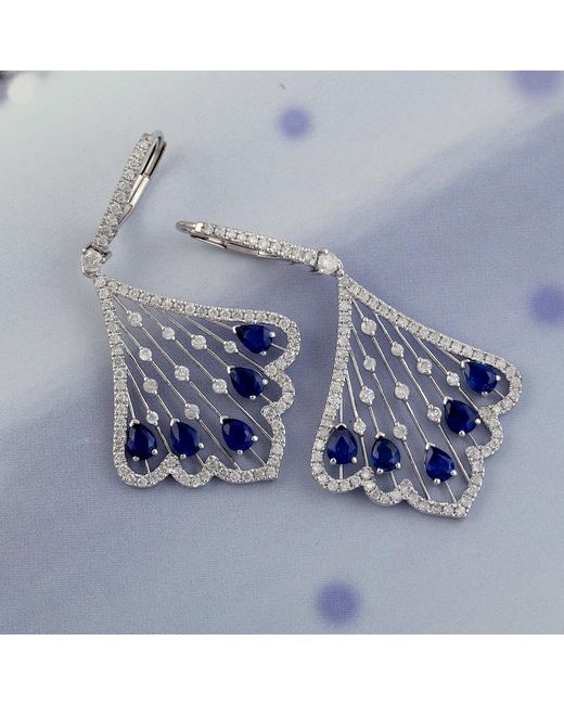 Artisan Handmade 18k White Gold Pave Diamond Blue Sapphire Dangle Earrings Jewelry