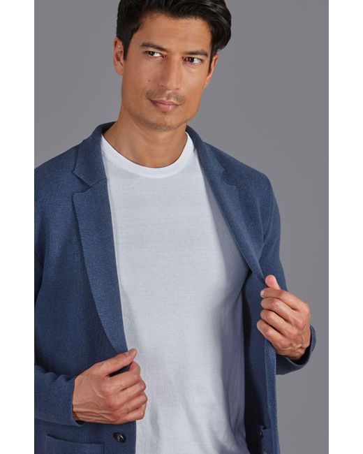 Paul James Knitwear Blue Cotton Deconstructed Knitted Gabriel Blazer for men