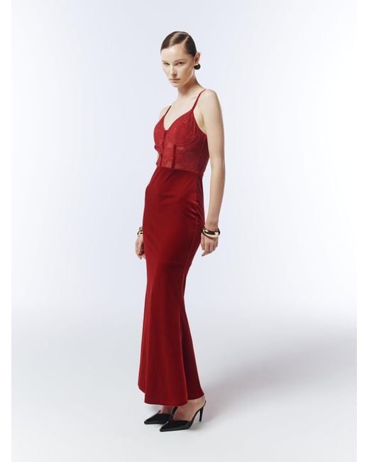 Sour Figs Red Sheer Lace Corset Velvet Maxi Dress
