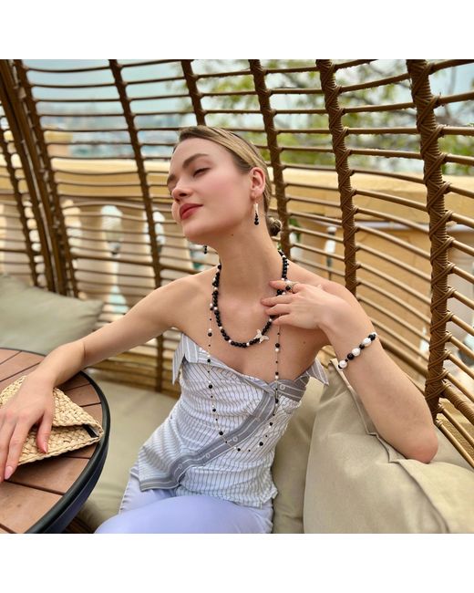 Farra Black Obsidian With Butterfly Charm Statement Necklace