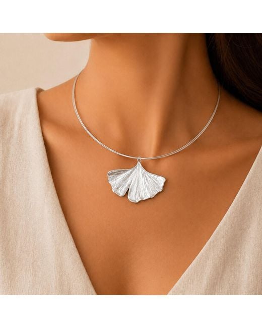 Mother Nature Jewelry White Ginkgo Biloba Leaf Necklace, Handmade Statement Pendant