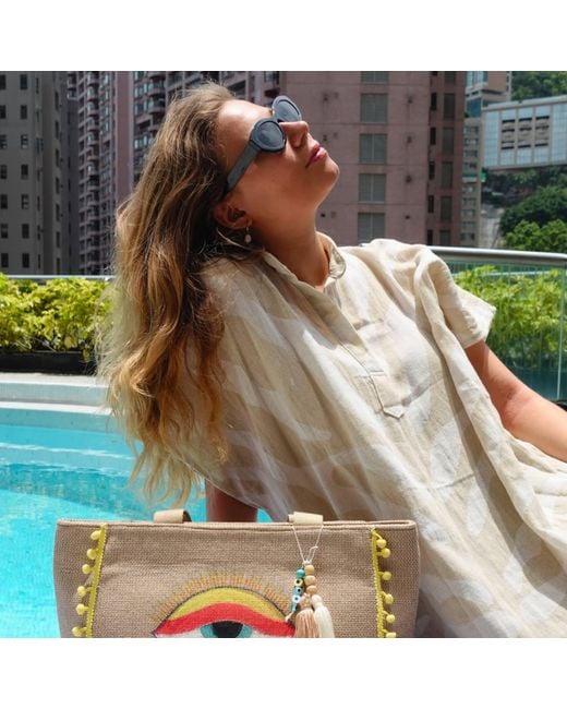 Casa Duniya Yellow Neutrals Antalya Hand-Painted Evil Eye Beach Bag – Pom Pom Edition