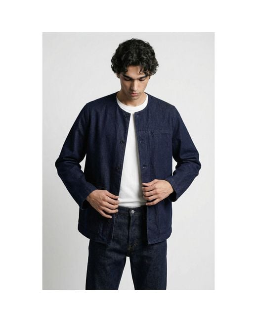 Modenaire Blue Collarless Jacket Relaxed Fit Structured Utility for men