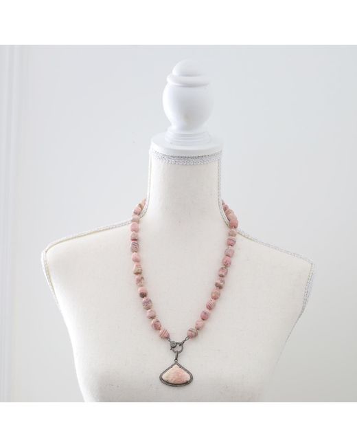 Shar Oke Metallic Rhodochrosite & Diamonds Silk Knotted Beaded Necklace