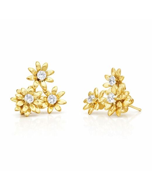 Unaloe Metallic Vermeil Flower Earrings With Zirconia – Floral Stud Earrings, Italian Artisan Jewelry For