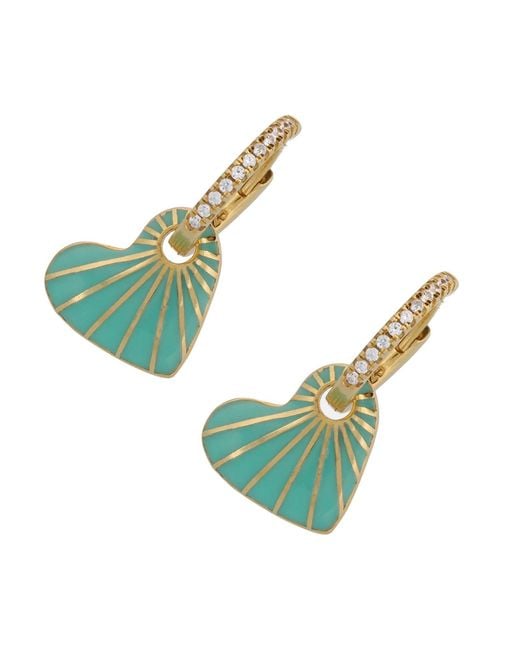 Ebru Jewelry Green Enamel Heart Diamond Hoop Earrings