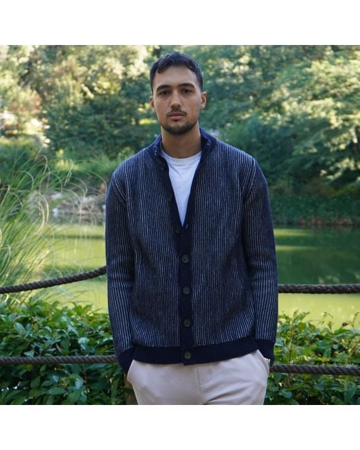 Nuvv Collection Blue Striped Rib Knit Cardigan – Premium Italian Yarn for men