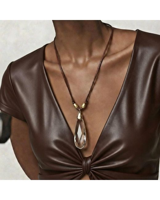 Persia Dona Jewelry Metallic Large Crystal Drop & Leather Necklace