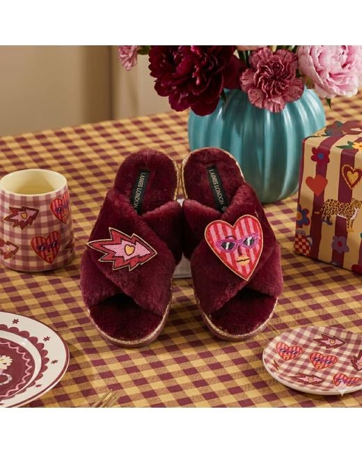 Laines London Red Classic Laines Slippers With Electric Love Brooches