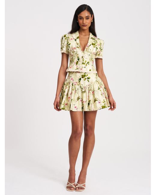 Miss Circle New York Green Zanella Floral Print Lace Trim Linen Top