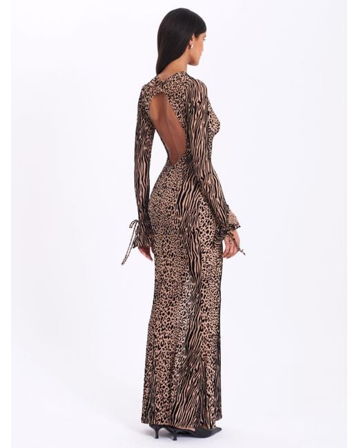 Miss Circle New York Gray Neutrals Waylynn Nude Animal Print Burnout Velvet Detail Mesh Backless Maxi Dress