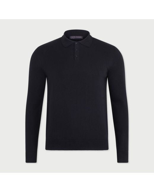 Paul James Knitwear Blue Lightweight Cotton Hall Long Sleeve Knitted Polo Shirt for men