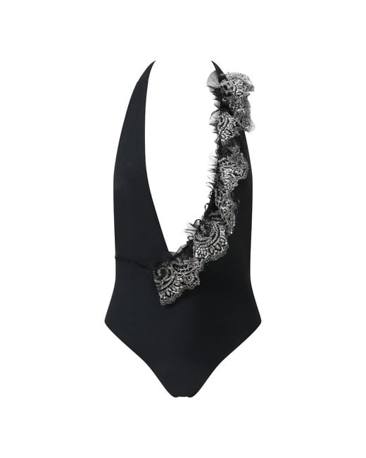 Belle -et-BonBon Black New Aprés Sun Collection Halterneck Swimsuit With Detachable Polka Dot Ruffle And Sequin Lace Ruffle