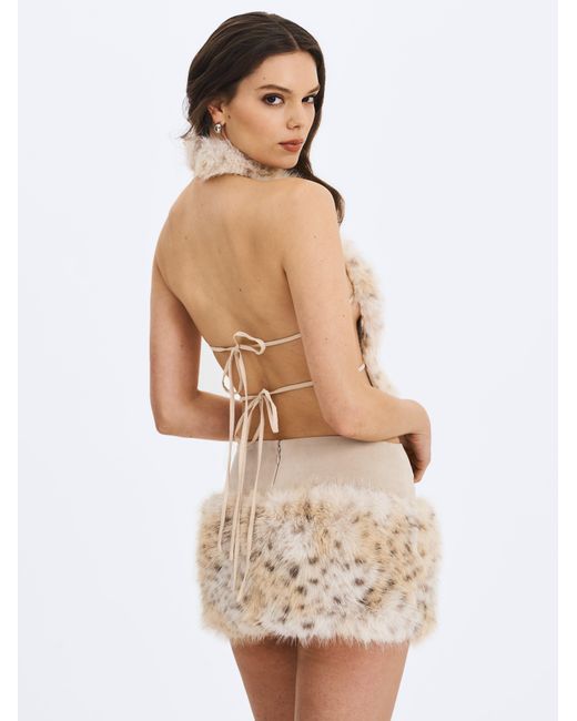 Miss Circle New York Gray Neutrals Sasha Tan Cheetah Backless Contoured Fur Halter Top