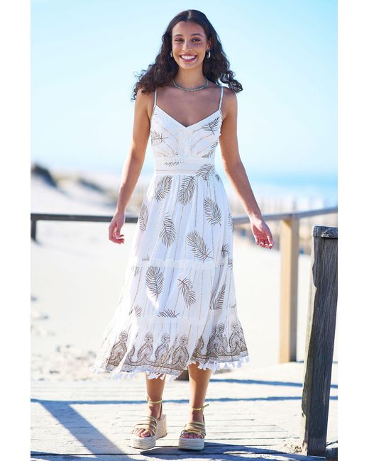 Yumi' Blue Neutrals Ivory Foil Print Midi Sun Dress With Lace Trims