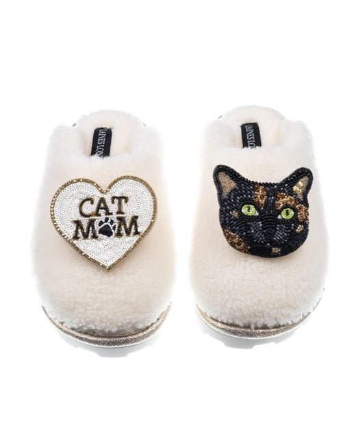 Laines London Metallic Teddy Closed Toe Slippers With Misty Cat & Cat Mum Mom Brooches