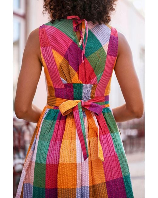 Yumi' Orange Multicolour Seersucker Cotton Midi Sun Dress