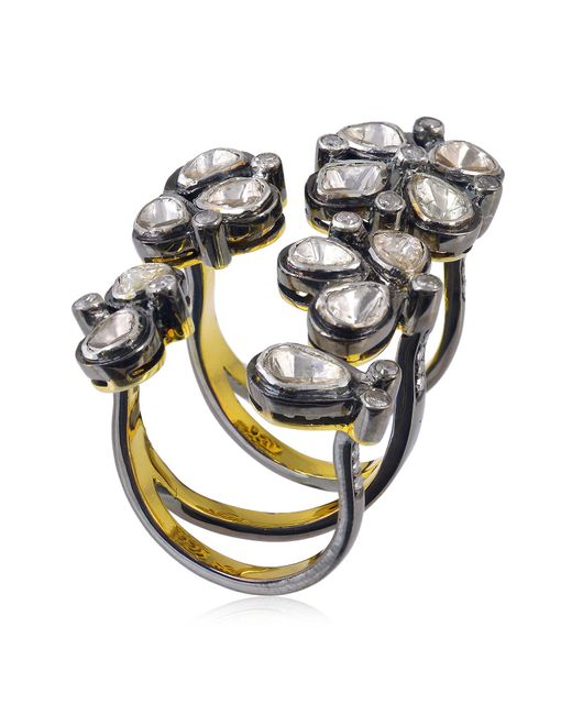 Artisan Multicolor Bezel Set Natural Uncut Diamond In 18k Gold & 925 Silver Designer Bypass Ring