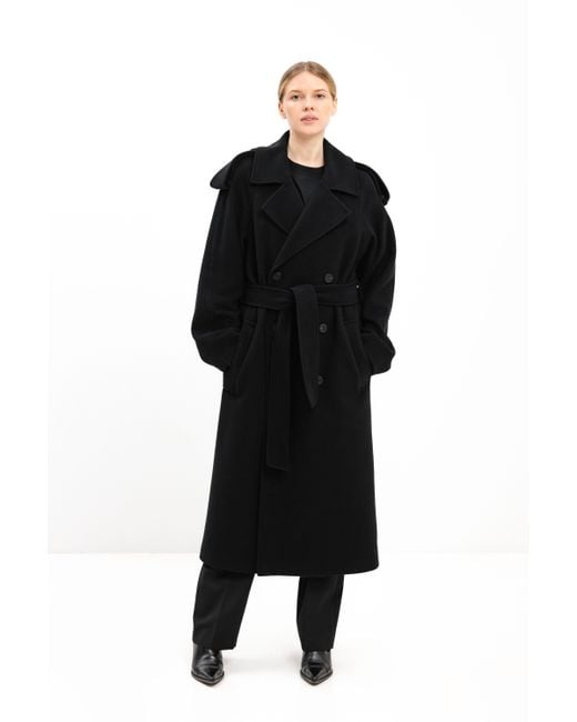 InAvati Black Long Double-Breasted Wool Coat