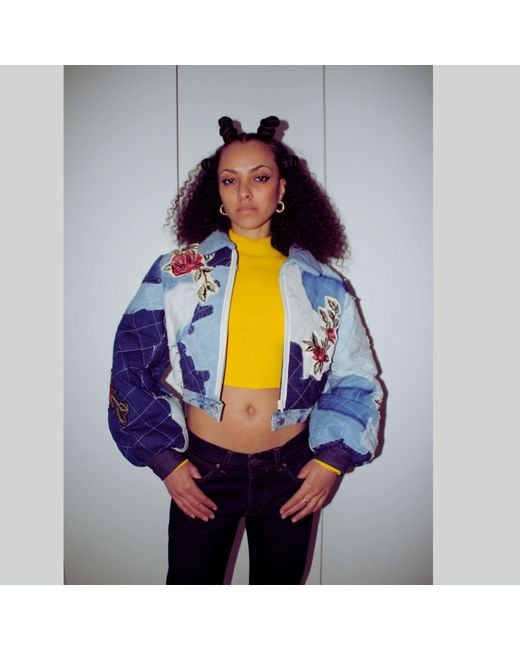 Couture to Your Door Blue Quilted Denim Avant Garde Bomber Jacket