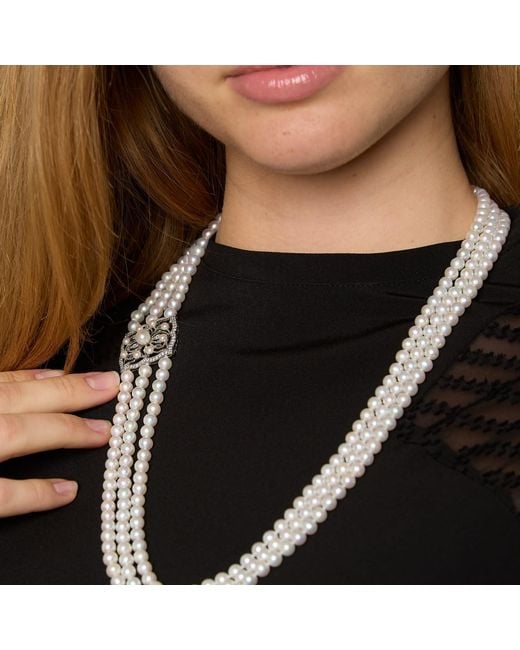 Pearls of the Orient Online White Gratia Triple Strand Cultured Freshwater Pearl Loop Necklace With Art Deco Style Feature
