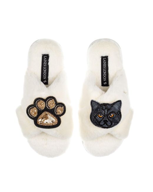 Laines London White Neutrals Classic Laines Slippers With Paw & British Shorthair Cat Brooches