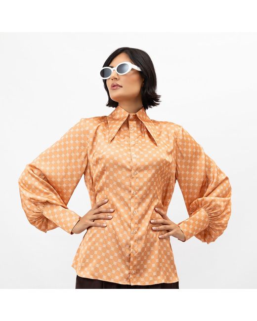 Janara Jones Pink Rose Apricot Satin Long Sleeve Large Collar Blouse