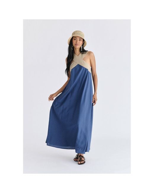 Paisie Blue Cross Strap Halterneck Maxi Dress