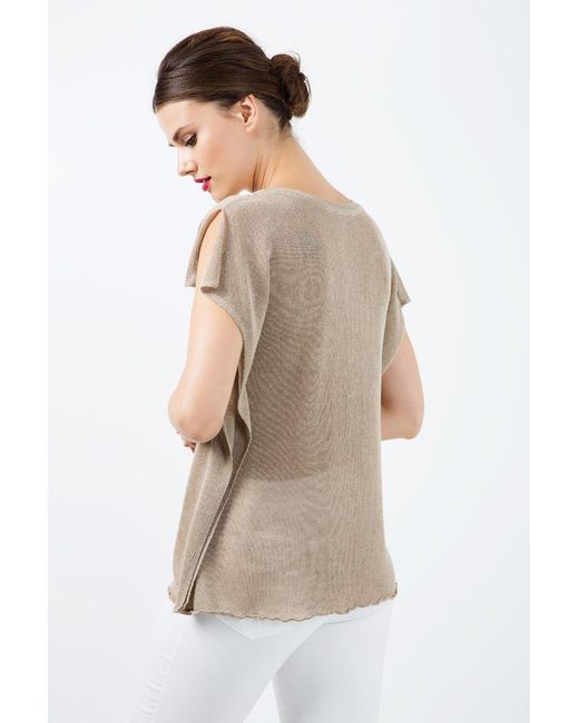 Conquista Natural Short Sleeve Semi Sheer Top With Shoulder Slits