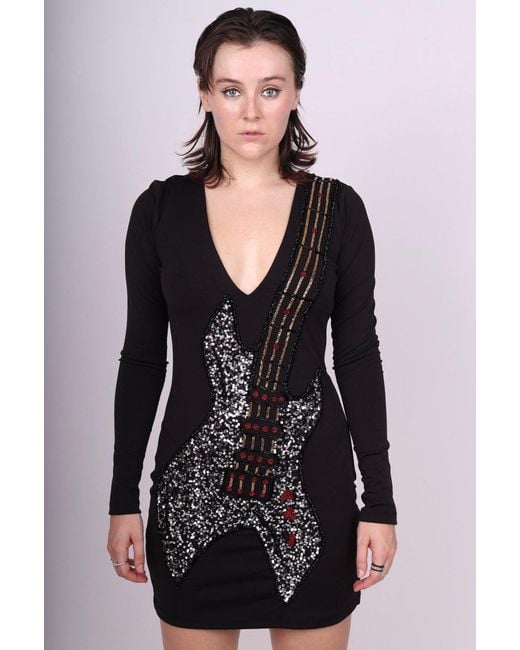 Any Old Iron Black Beaded Guitar Long Sleeve Mini Dress