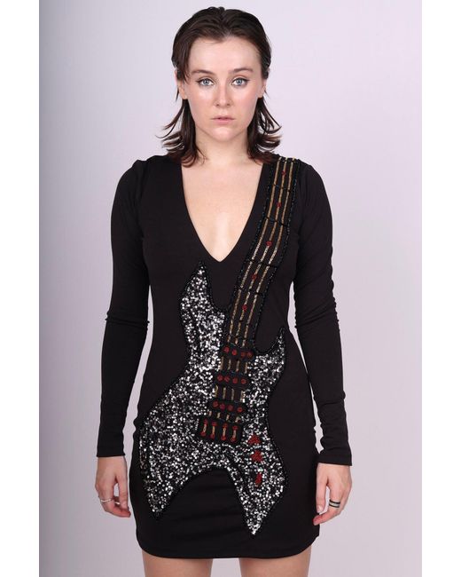 Any Old Iron Black Beaded Guitar Long Sleeve Mini Dress